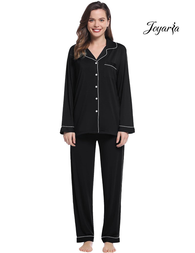 Joyaria Ladies Bamboo Viscose Pajamas Button Down/Up Pj Set Long Sleeve Long Pants(Black, Medium) - Image 4